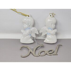 Vintage Ceramic Angel Ornaments & Silver Noel Decoration Set‎